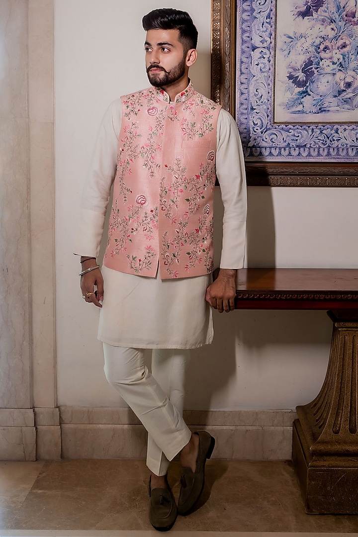 Phulbaari Blush Pink Raw Silk Hand Embroidered Nehru Jacket Set by ABHIPRI at Pernia's Pop Up Shop