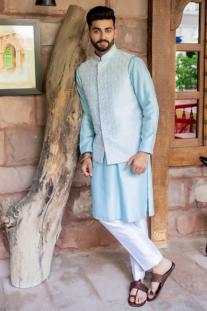 Jharokha Ice Blue Raw Silk Beads Embroidered Nehru Jacket Set by ABHIPRI