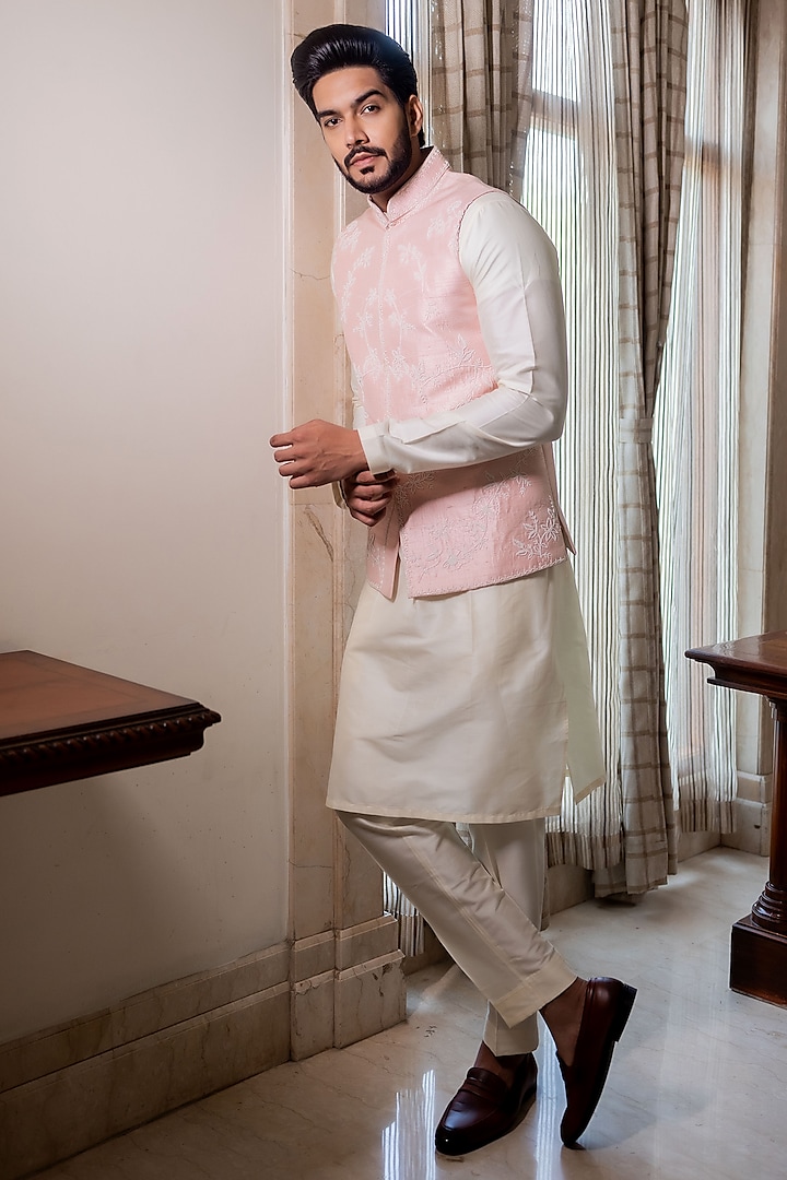 Khwab Pastel Pink Raw Silk Jaal Hand Embroidered Nehru Jacket Set by ABHIPRI