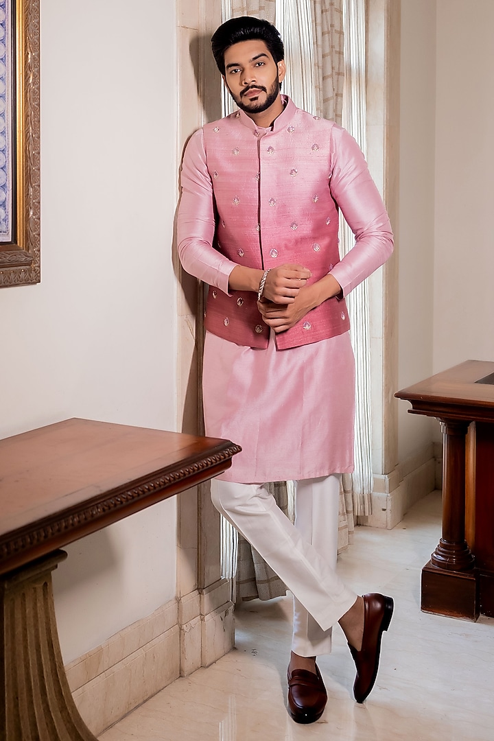 Bouquet Mauve Pink Raw Silk French Knot Embroidered Nehru jacket Set by ABHIPRI