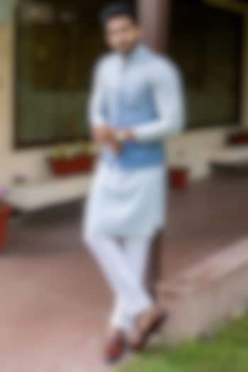 Noor Powder Blue Ombre Cotton Silk Cutdana Embroidered Nehru jacket Set by ABHIPRI at Pernia's Pop Up Shop