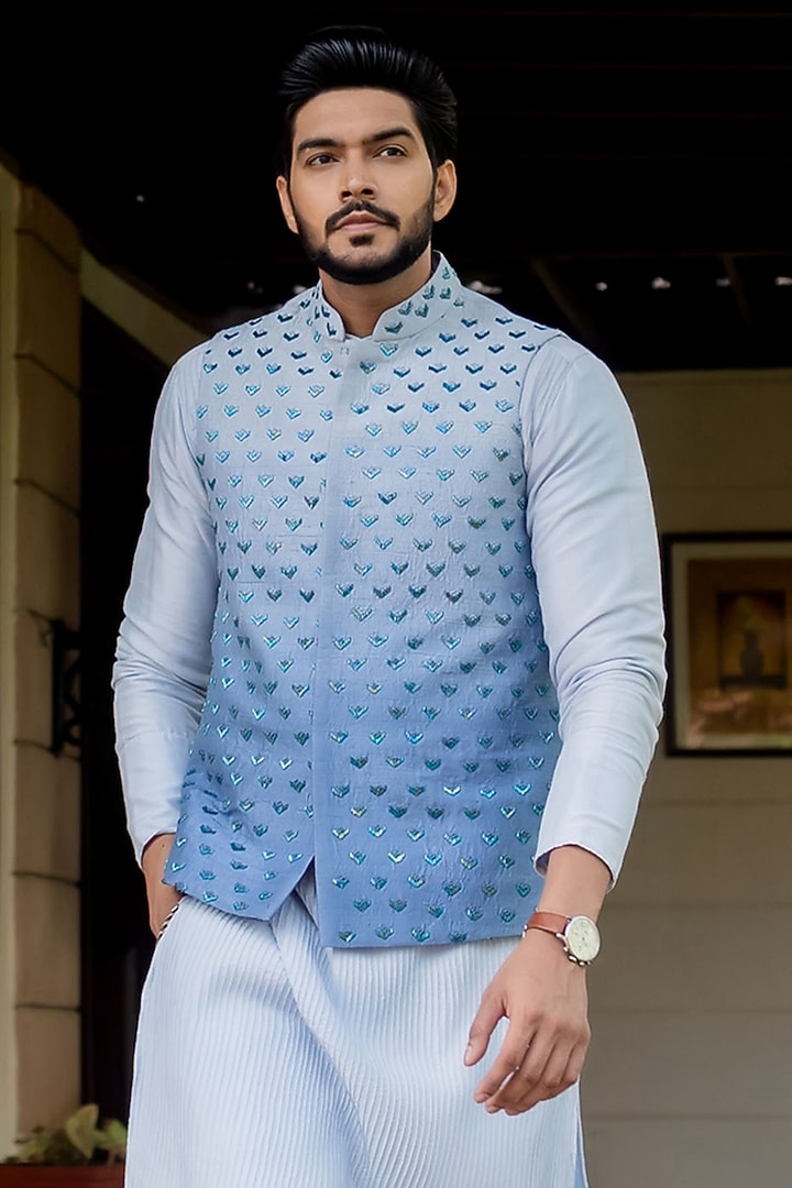 Noor Powder Blue Ombre Cotton Silk Cutdana Embroidered Nehru jacket Set by ABHIPRI at Pernia's Pop Up Shop