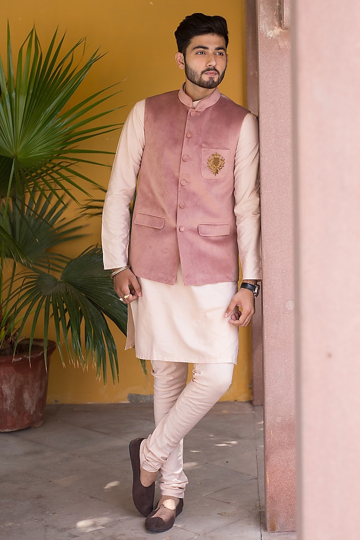 Blush Pink Velvet Zardosi Hand Embroidered Nehru Jacket Set by ABHIPRI