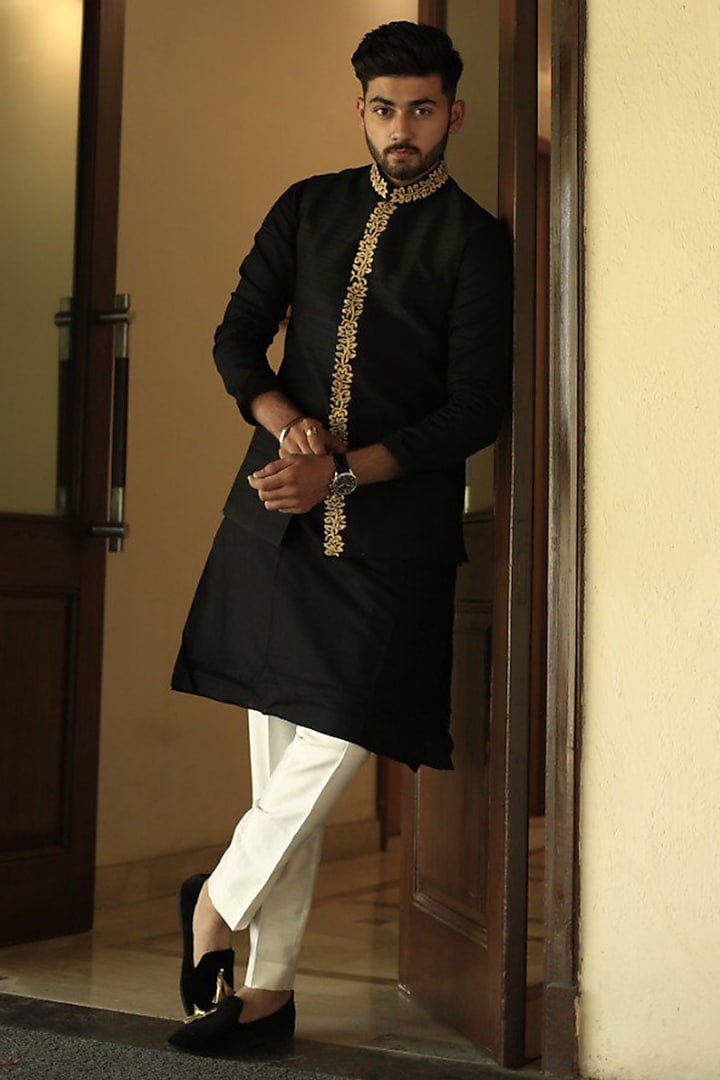 Daali Black Raw Silk Zardosi Embroidered Nehru Jacket Set by ABHIPRI