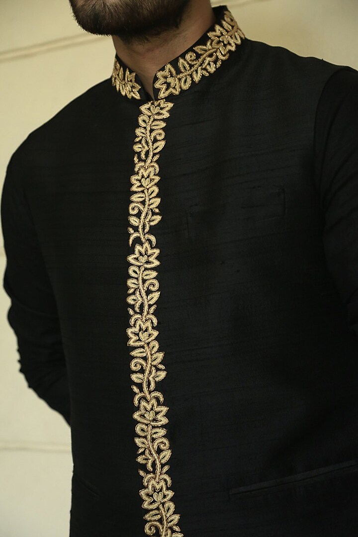 Daali Black Raw Silk Zardosi Embroidered Nehru Jacket Set by ABHIPRI at Pernia's Pop Up Shop