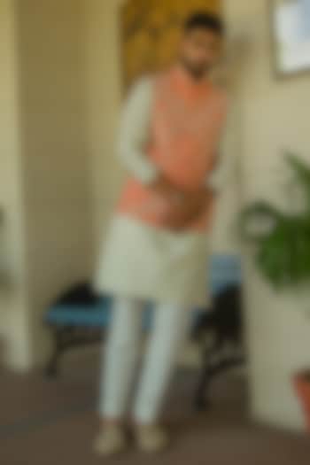Swarn Peach Munga Silk Nehru Jacket Set by ABHIPRI