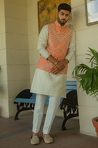 Swarn Peach Munga Silk Nehru Jacket Set by ABHIPRI