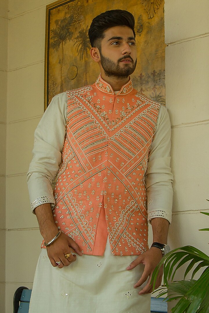 Swarn Peach Munga Silk Nehru Jacket Set by ABHIPRI at Pernia's Pop Up Shop