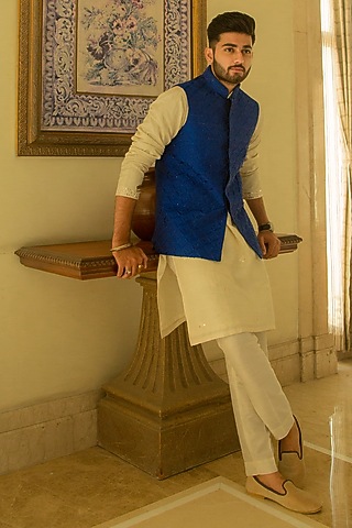 Mughal Navy Blue Raw Silk Resham Embroidered Nehru Jacket Set by ABHIPRI