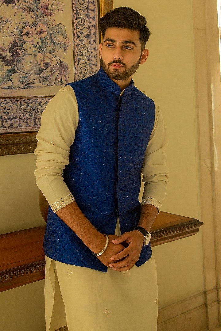 Mughal Navy Blue Raw Silk Resham Embroidered Nehru Jacket Set by ABHIPRI at Pernia's Pop Up Shop