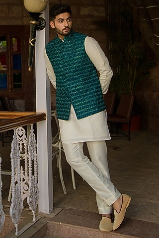 Midnight Teal Green Cutdana Jaal Work Nehru Jacket Set by ABHIPRI