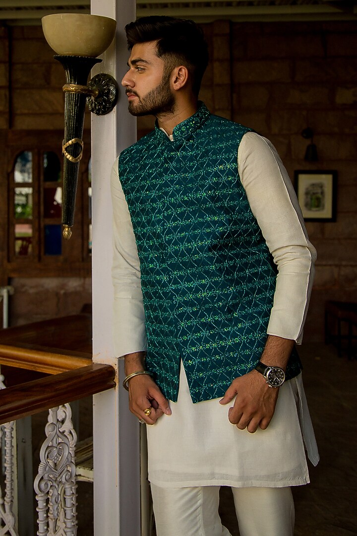 Midnight Teal Green Cutdana Jaal Work Nehru Jacket Set by ABHIPRI at Pernia's Pop Up Shop