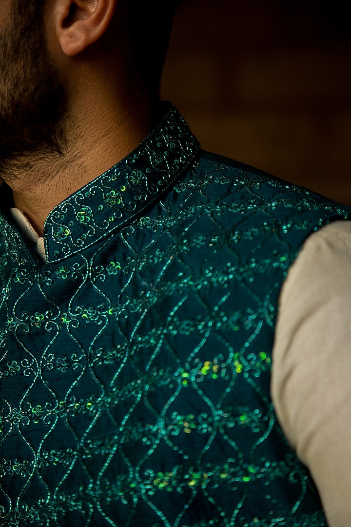 Midnight Teal Green Cutdana Jaal Work Nehru Jacket Set by ABHIPRI at Pernia's Pop Up Shop