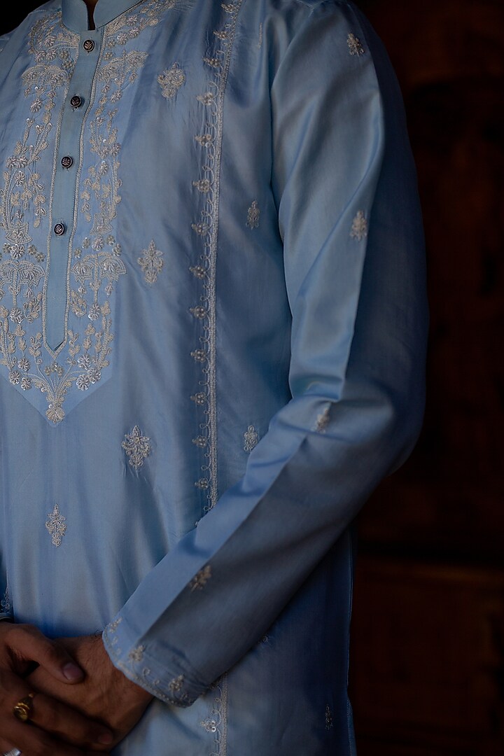 Ambar Ice Blue Resham Silk Embroidered Kurta by ABHIPRI at Pernia's Pop Up Shop