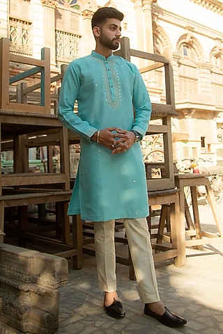 Anokhi Aqua Blue Silk Zari Embroidered Kurta by ABHIPRI