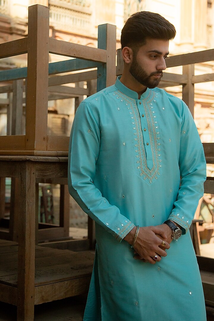 Anokhi Aqua Blue Silk Zari Embroidered Kurta by ABHIPRI at Pernia's Pop Up Shop
