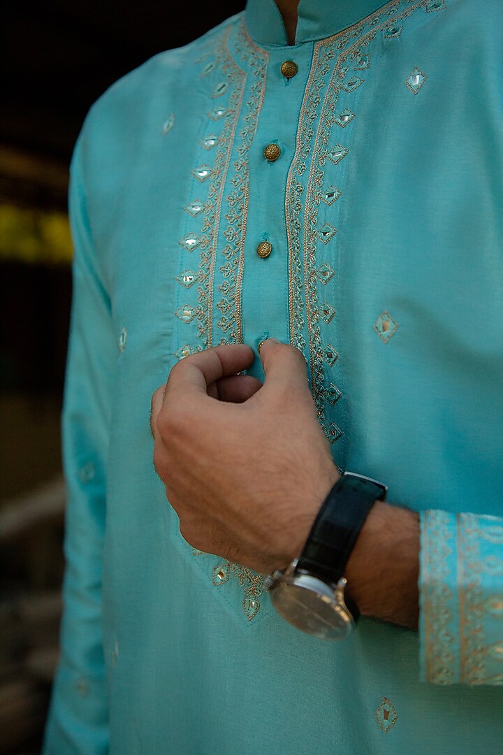 Anokhi Aqua Blue Silk Zari Embroidered Kurta by ABHIPRI at Pernia's Pop Up Shop