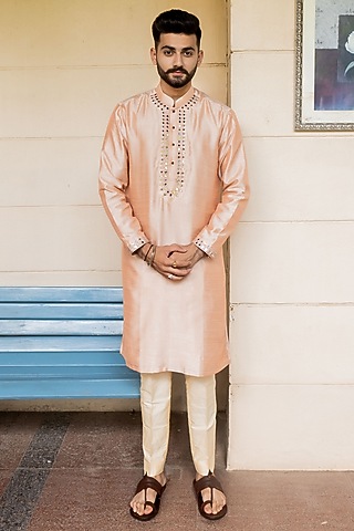 Kanchi Peach Silk Resham Embroidered Kurta by ABHIPRI
