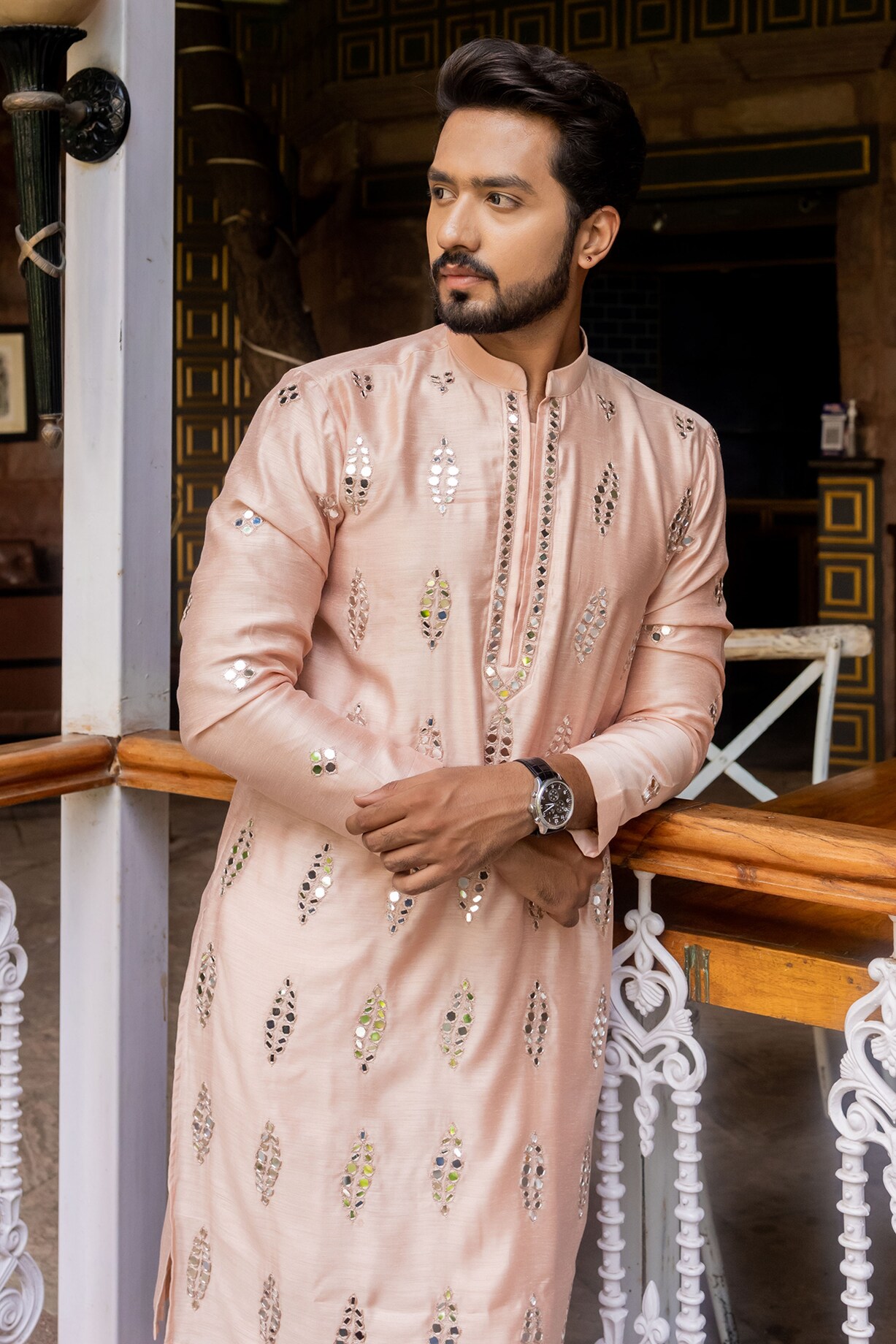 Pastel Peach Resham Embroidered Georgette Kurta Palazzo Set