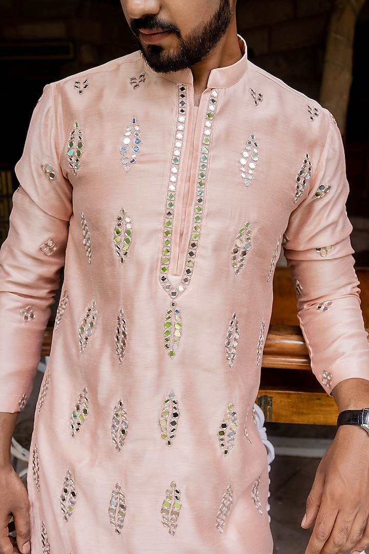 Pastel Peach Silk Resham Embroidered Kurta by ABHIPRI at Pernia's Pop Up Shop