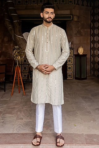 Savera Steel Grey Cotton Silk Resham Embroidered Kurta by ABHIPRI