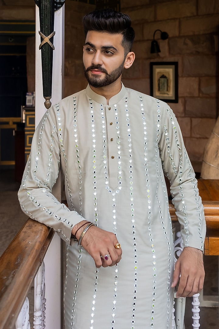 Savera Steel Grey Cotton Silk Resham Embroidered Kurta by ABHIPRI at Pernia's Pop Up Shop