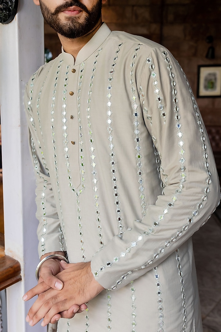 Savera Steel Grey Cotton Silk Resham Embroidered Kurta by ABHIPRI at Pernia's Pop Up Shop
