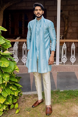 Ice Blue Chanderi Silk Cutdana Embroidered Kurta by ABHIPRI