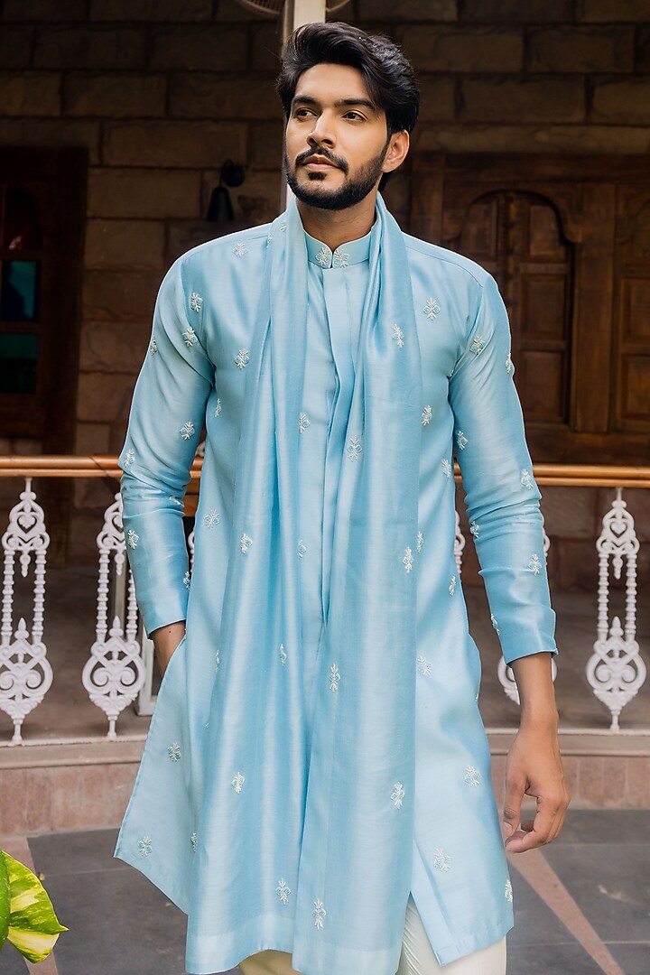 Ice Blue Chanderi Silk Cutdana Embroidered Kurta by ABHIPRI at Pernia's Pop Up Shop