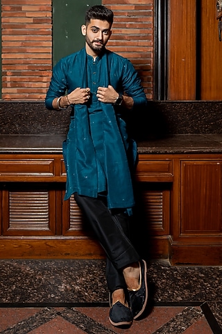 Blink Teal Blue Silk Cutdana Embroidered Kurta by ABHIPRI