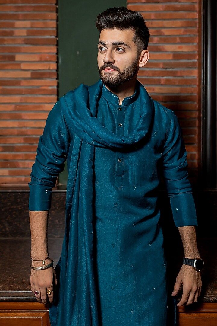 Blink Teal Blue Silk Cutdana Embroidered Kurta by ABHIPRI at Pernia's Pop Up Shop