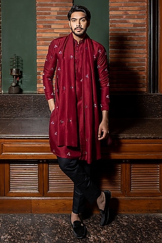 Trinetra Maroon Silk Cutdana Embroidered Kurta by ABHIPRI