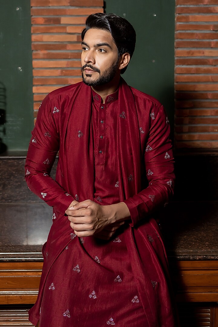 Trinetra Maroon Silk Cutdana Embroidered Kurta by ABHIPRI at Pernia's Pop Up Shop