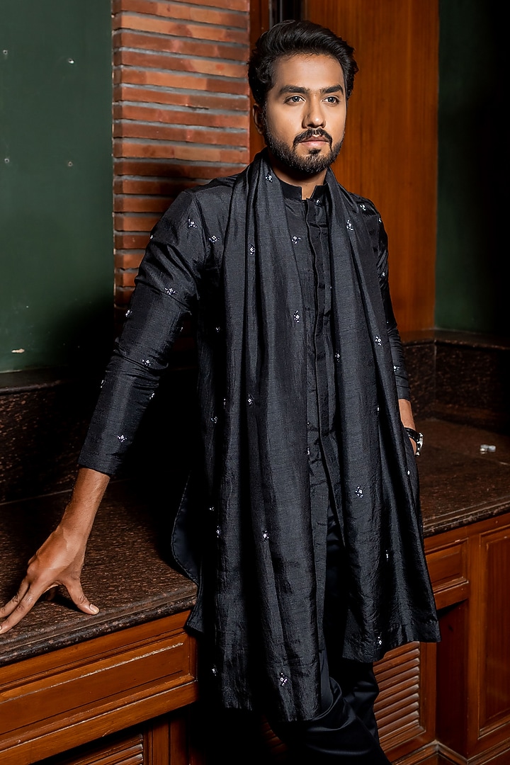 Noor Black Silk Cutdana & Resham Embroidered Kurta by ABHIPRI at Pernia's Pop Up Shop