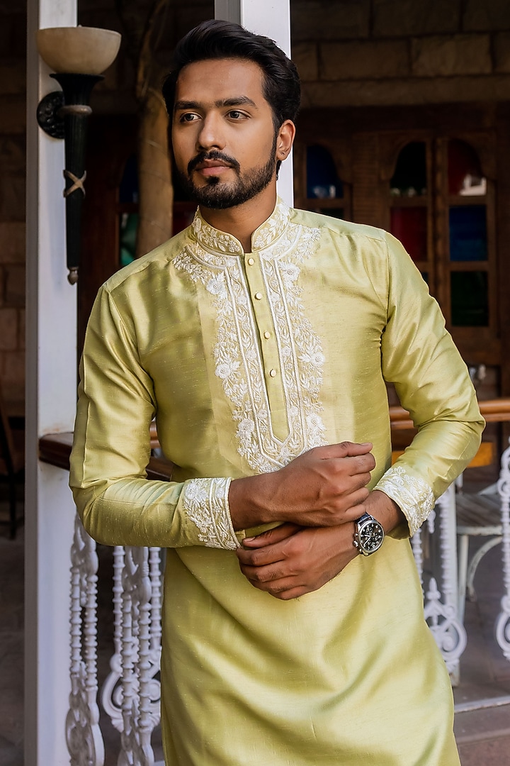 Fida Pastel Green Silk Resham Hand Embroidered Kurta by ABHIPRI at Pernia's Pop Up Shop