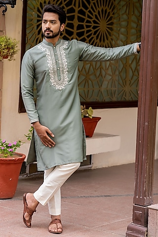 Gulshan Sage Green Silk Resham Hand Embroidered Kurta by ABHIPRI