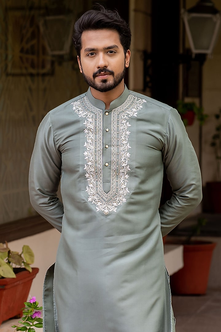 Gulshan Sage Green Silk Resham Hand Embroidered Kurta by ABHIPRI at Pernia's Pop Up Shop