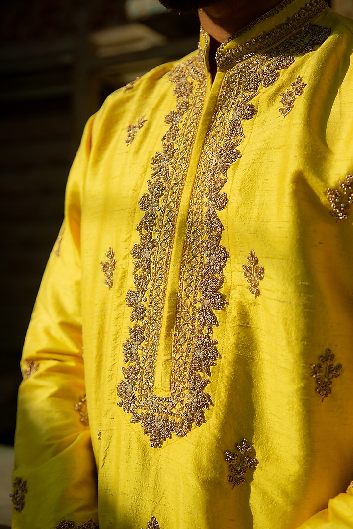 Haldi Yellow Silk Zardosi Hand Embroidered Kurta by ABHIPRI at Pernia's Pop Up Shop
