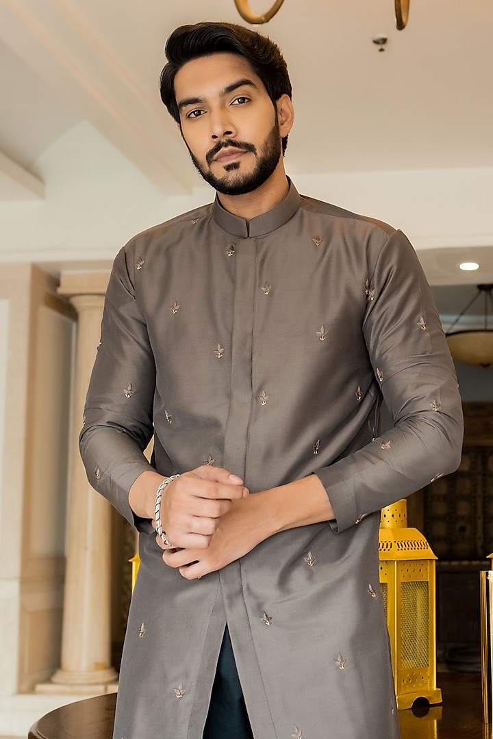 Riyaz Brushed Brown Grey Cotton Silk Cutdana Embroidered Kurta by