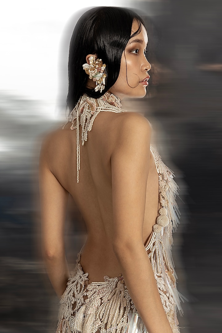 Ivory Power Net Embellished Party Wear Dress by Abhishek Sharma at Pernia's Pop Up Shop