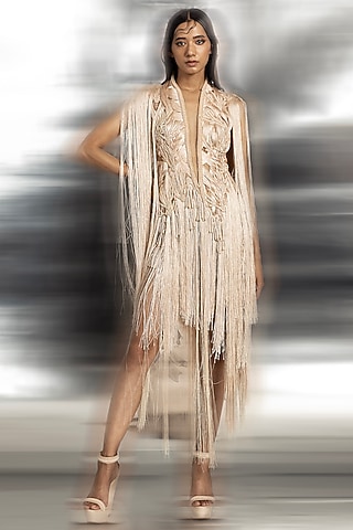 Blush Pink Net & Crepe Draped Dress by Abhishek Sharma