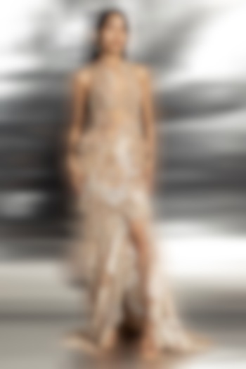 Blush Pink Pleated Organza Embroidered Bridal Gown by Abhishek Sharma at Pernia's Pop Up Shop