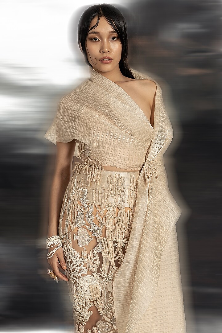 Ivory Net Embellished Pencil Skirt Set by Abhishek Sharma at Pernia's Pop Up Shop