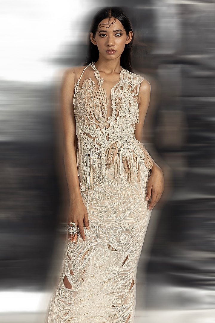 Ivory Net & Crepe Embellished Pencil Skirt Set by Abhishek Sharma at Pernia's Pop Up Shop