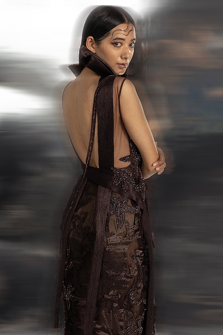 Brown Chiffon Pencil Skirt Set by Abhishek Sharma at Pernia's Pop Up Shop  2026