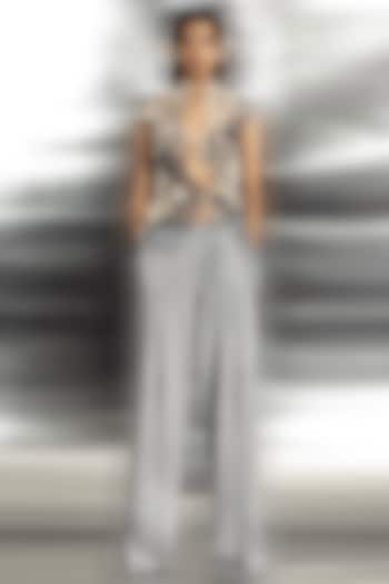 Blue Textured Organza Embellished Pant Set by Abhishek Sharma at Pernia's Pop Up Shop