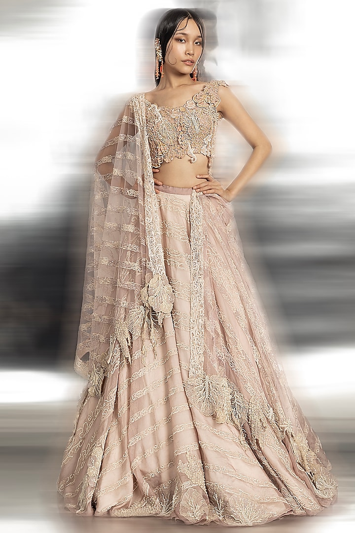 Pink Silk Organza Embroidered Lehenga Set by Abhishek Sharma