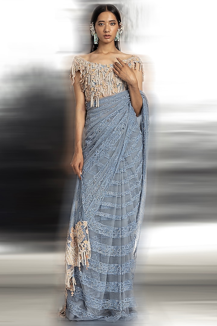 Blue Net Embellished Saree Set by Abhishek Sharma