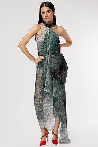 Grey Poly Georgette Draped Dress by Abhishek Sharma
