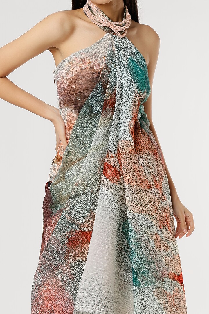 Multi-Coloured Poly Georgette Draped Vacation Dress by Abhishek Sharma at Pernia's Pop Up Shop